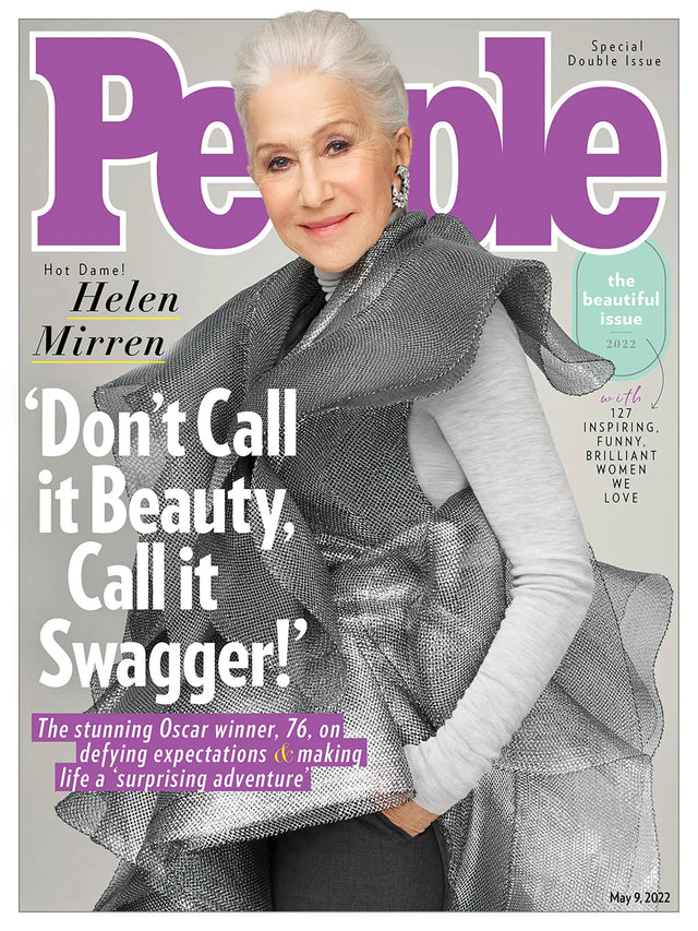 Magazine cover featuring Helen Mirren in a gray outfit