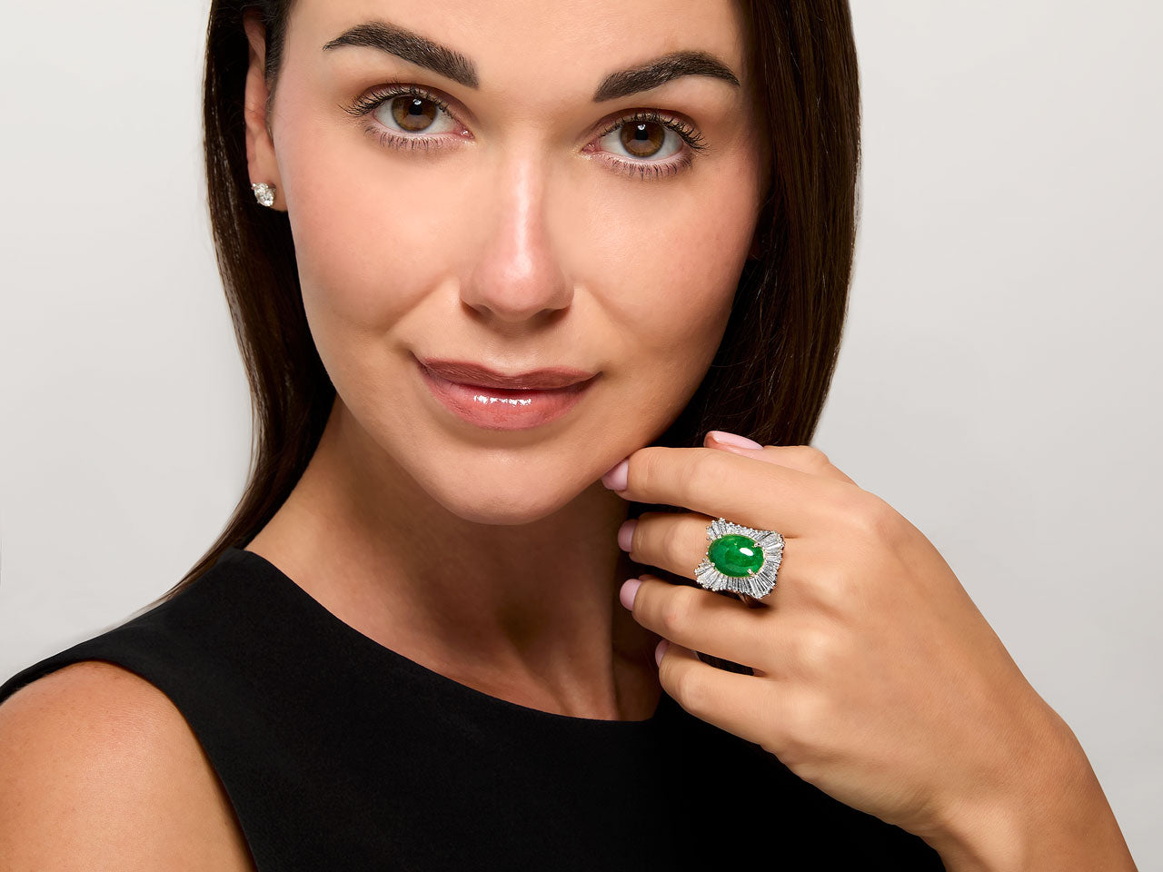 Mid-Century Green Jade and Diamond Ring in Platinum