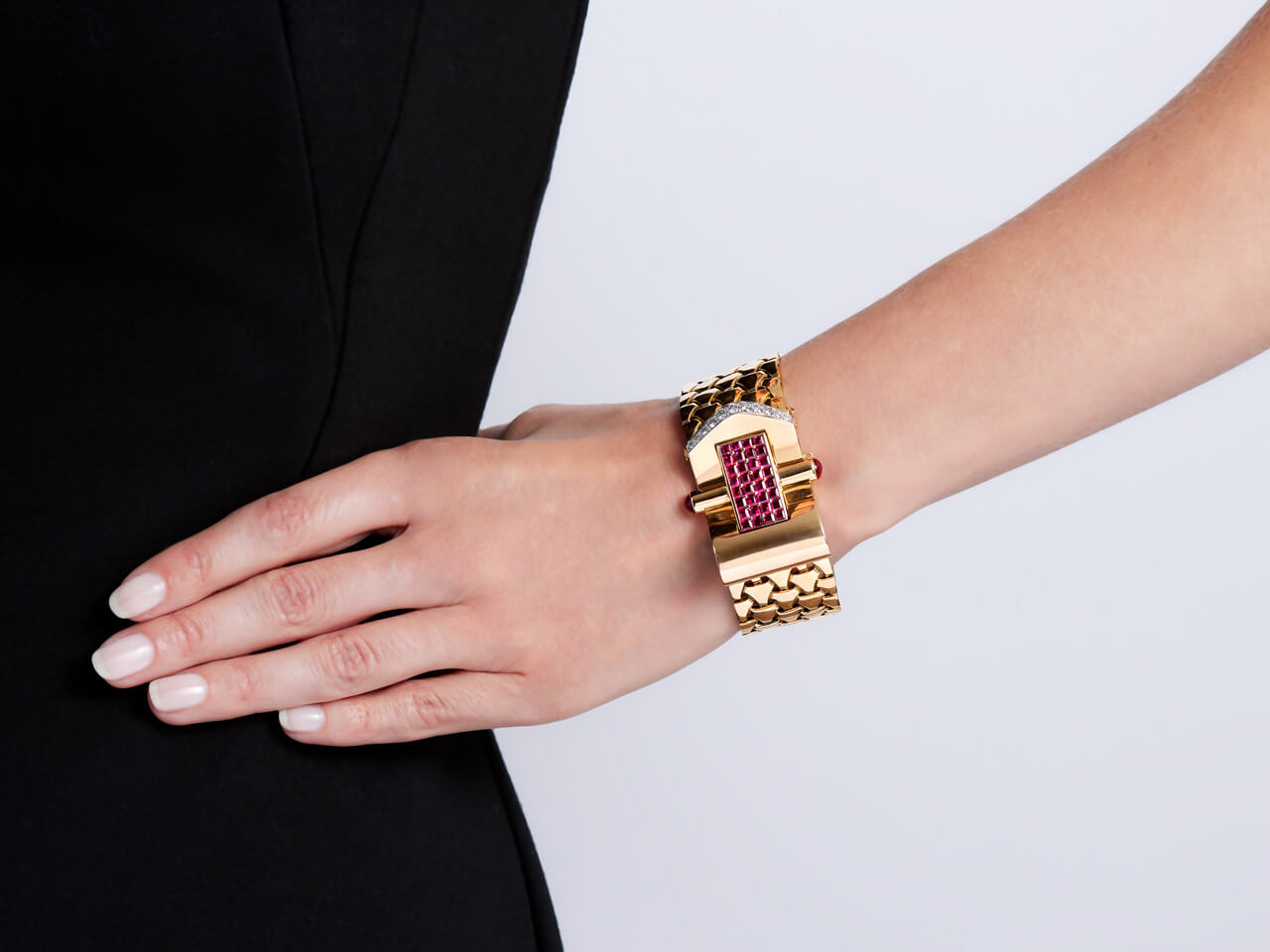 Retro Ruby and Diamond Buckle Bracelet in 18K