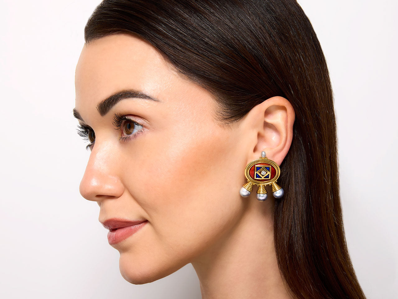 Elizabeth Gage African Queen Enamel and Pearl Earrings in 18K