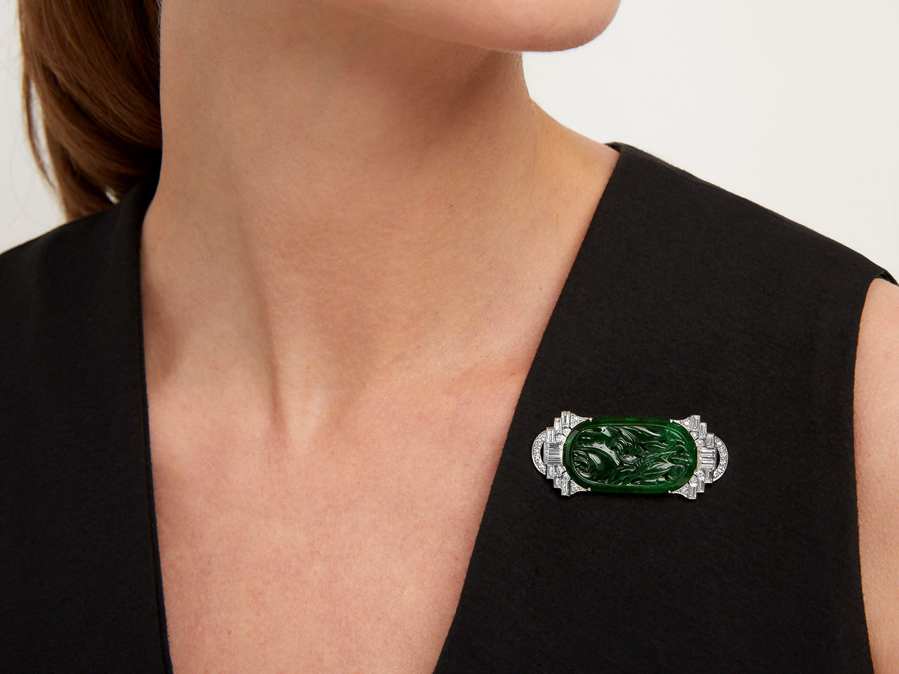 Art Deco Carved Jadeite and Diamond Brooch in Platinum