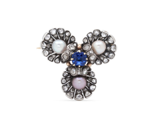 Antique Victorian Sapphire, Diamond and Pearl Brooch in Silver over Gold