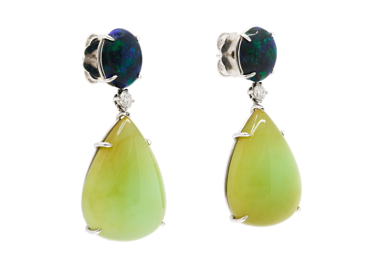 Black and Green Opal and Diamond Earrings in 18K White Gold