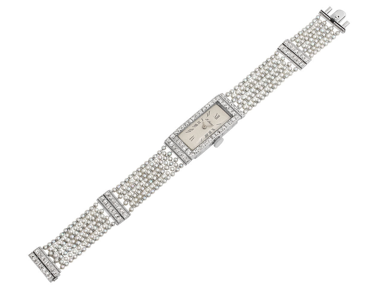 Art Deco Diamond and Natural Seed Pearl Watch in Platinum