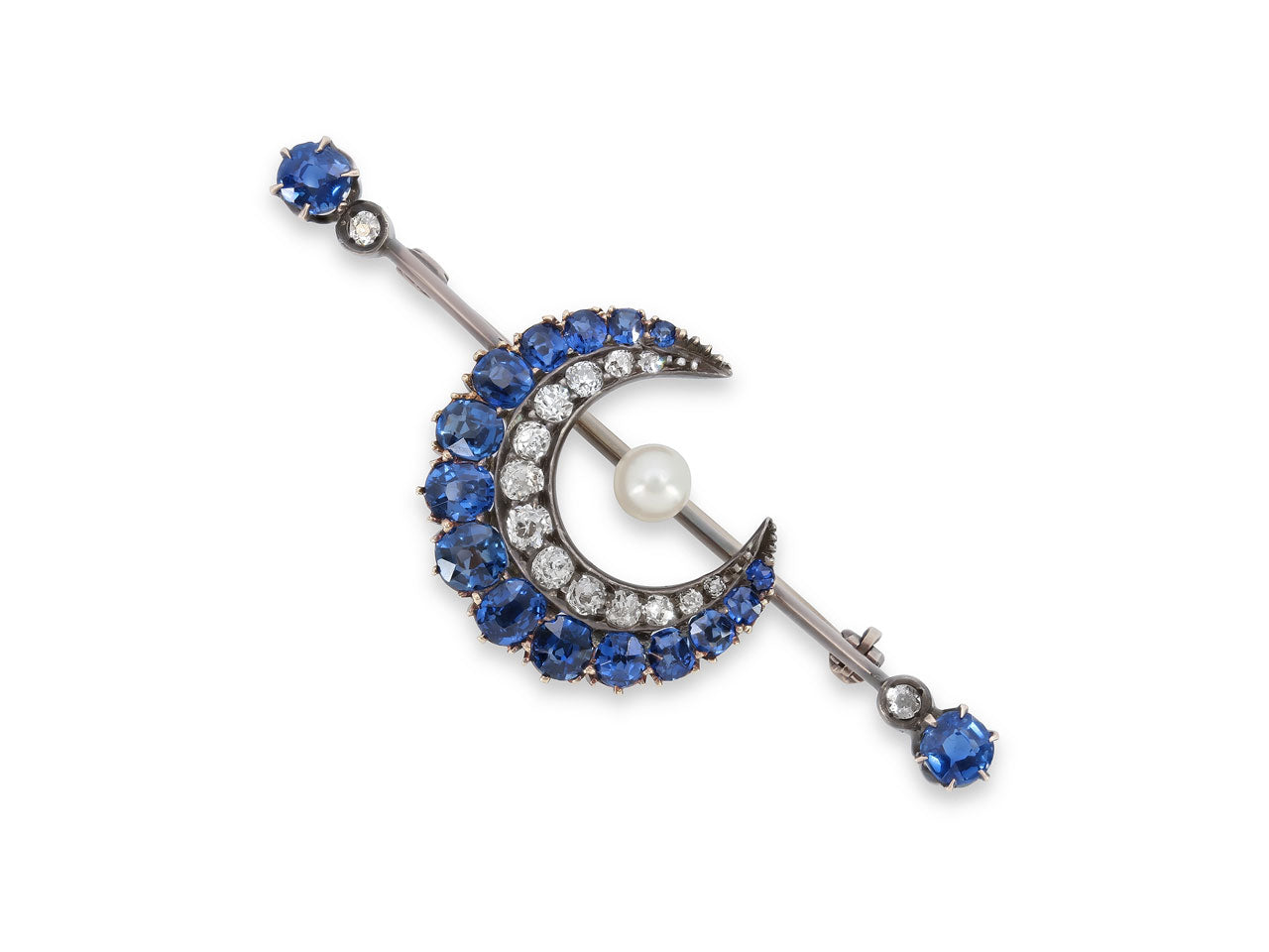 Antique Victorian Sapphire and Diamond Crescent Brooch