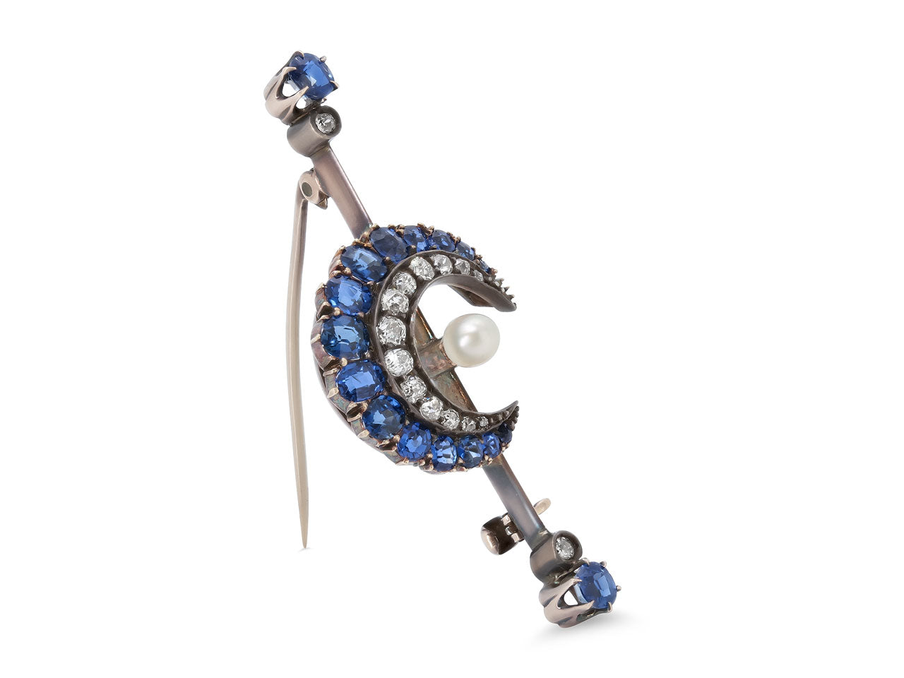 Antique Victorian Sapphire and Diamond Crescent Brooch