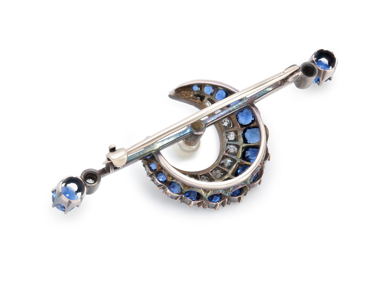 Antique Victorian Sapphire and Diamond Crescent Brooch