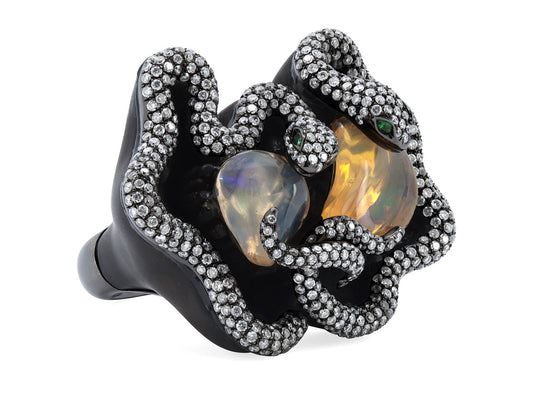 Dramatic Ebony Snake Ring with Mexican Opals and Diamonds in 18K