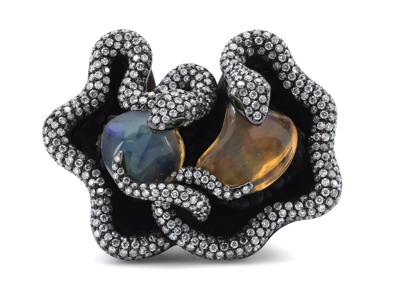 Dramatic Ebony Snake Ring with Mexican Opals and Diamonds in 18K