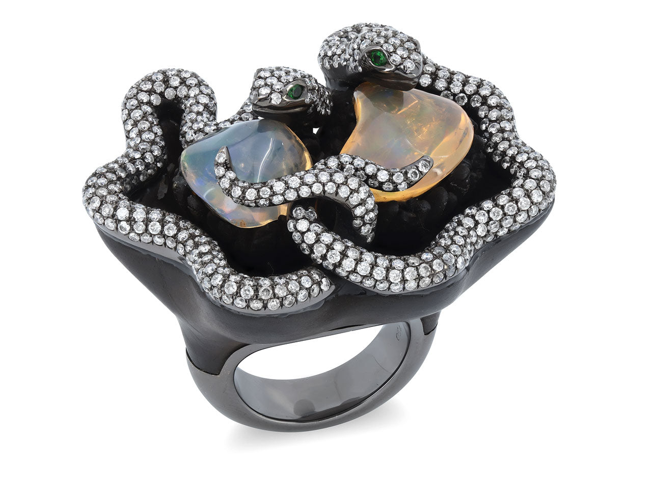 Dramatic Ebony Snake Ring with Mexican Opals and Diamonds in 18K