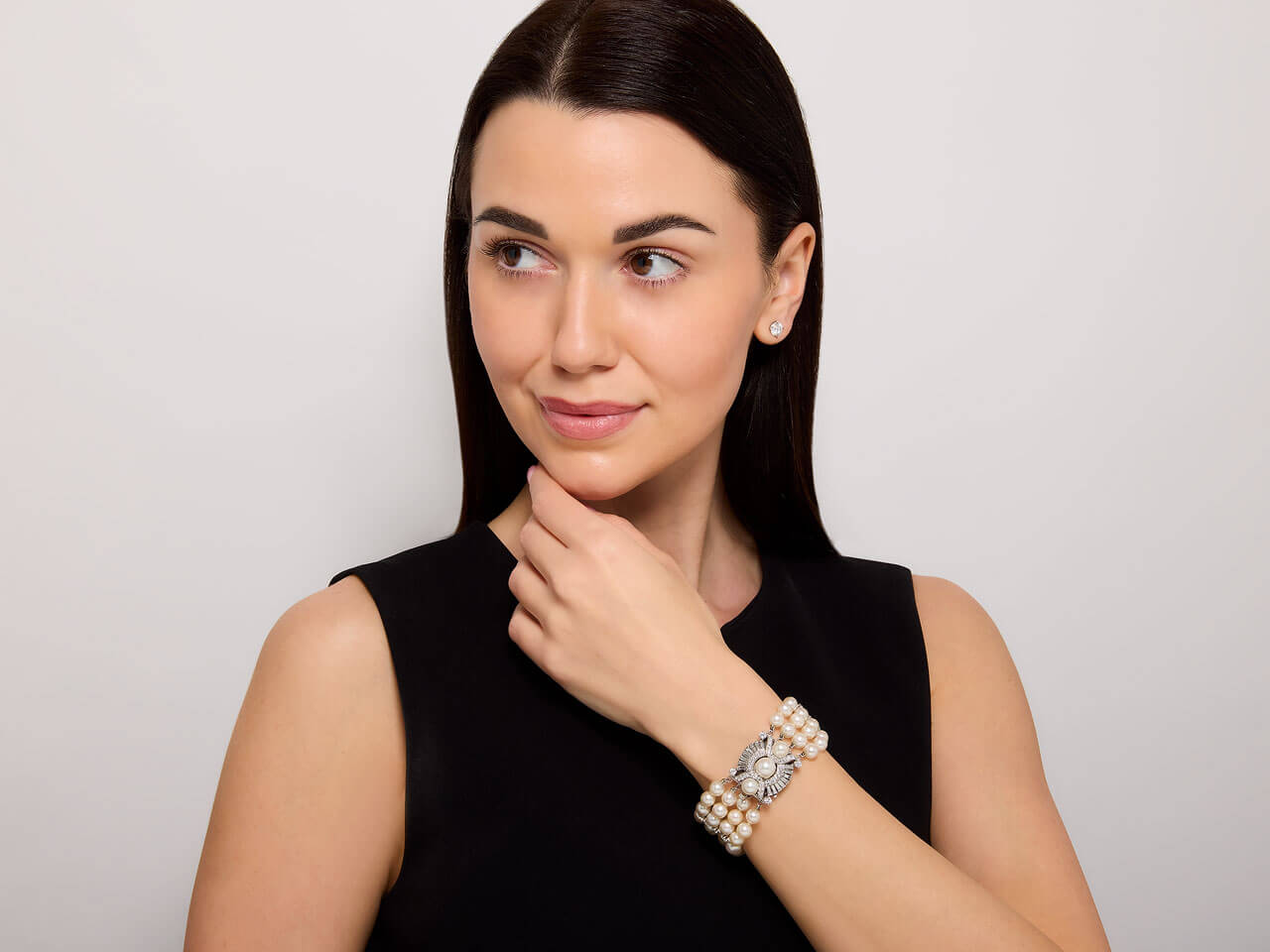Four Strand Cultured Pearl and Diamond Bracelet in Platinum