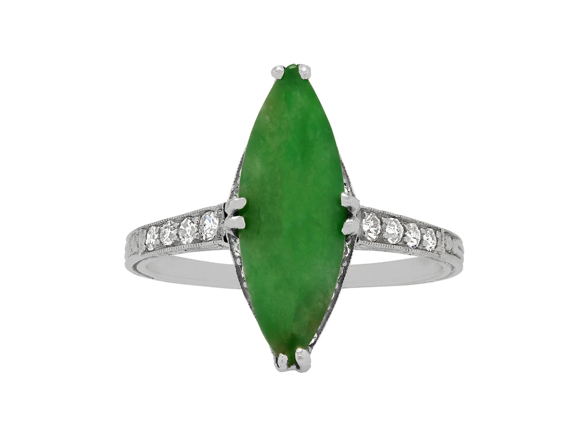 Platinum ring with navette-shaped green jade and diamond shoulders