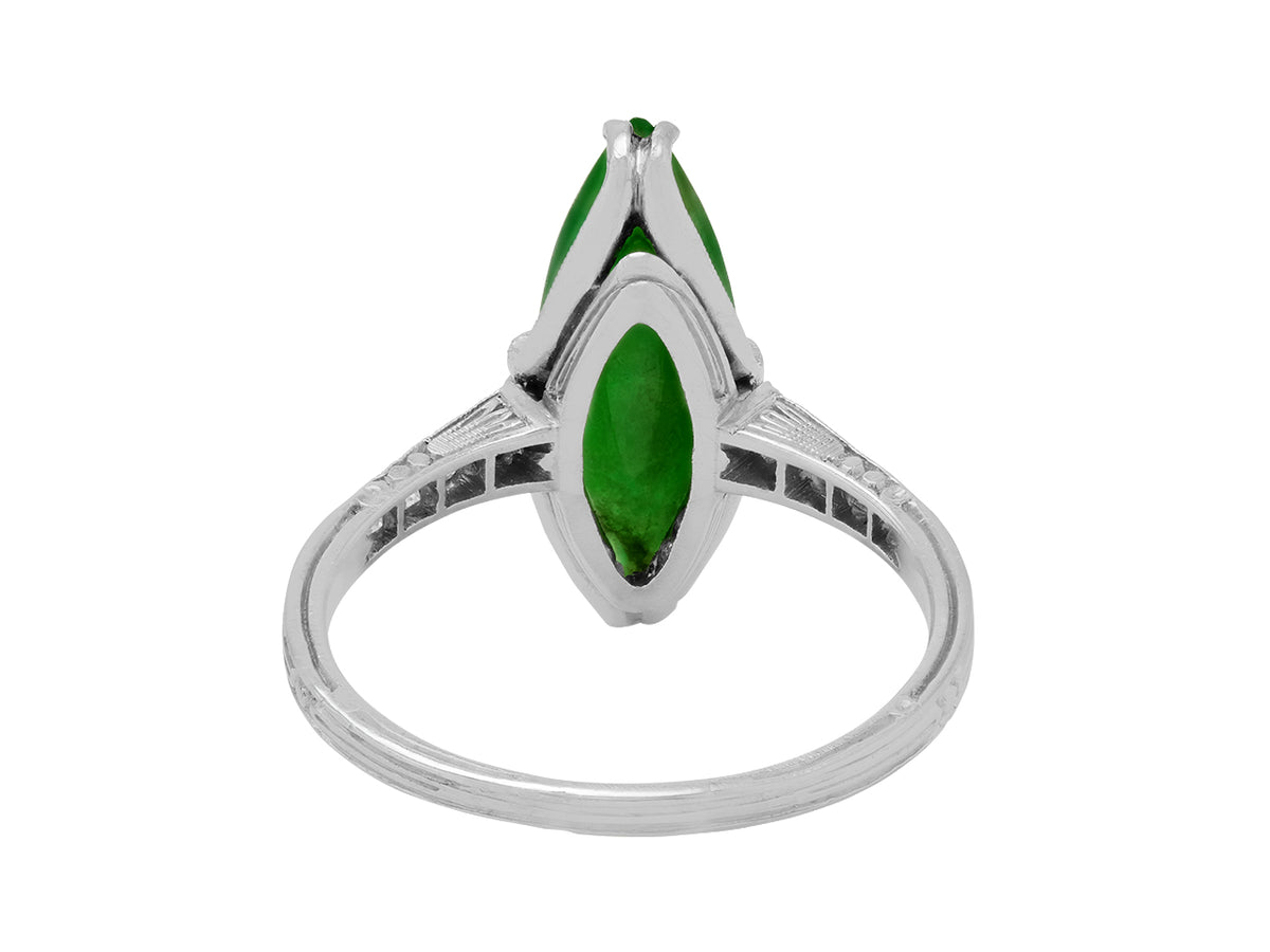 Navette green jade and diamond platinum ring