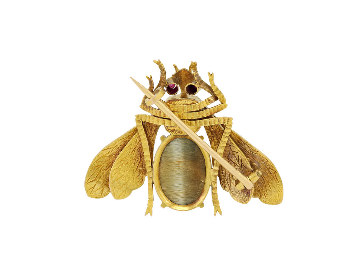 18K gold fly brooch with tiger eye body and ruby eyes