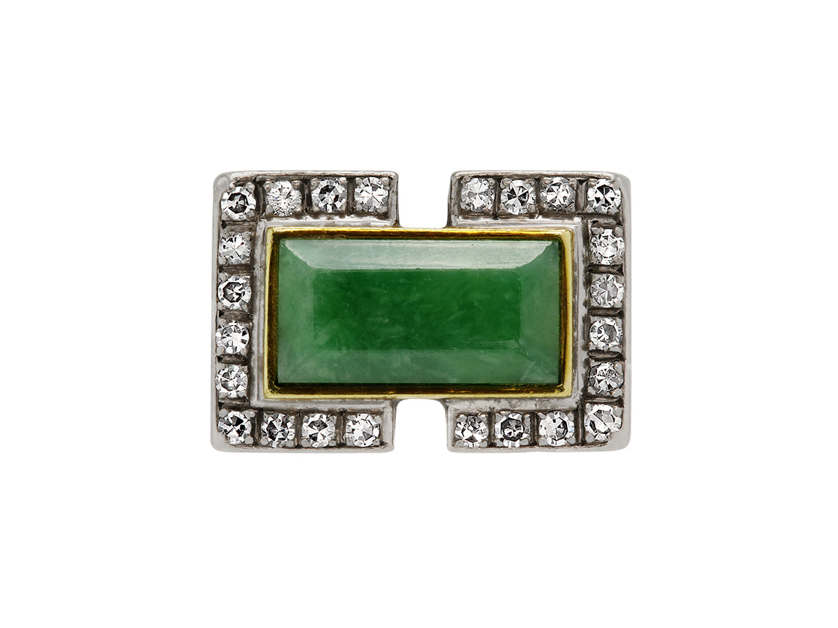 Rectangular jade ring with diamond border in 18K gold