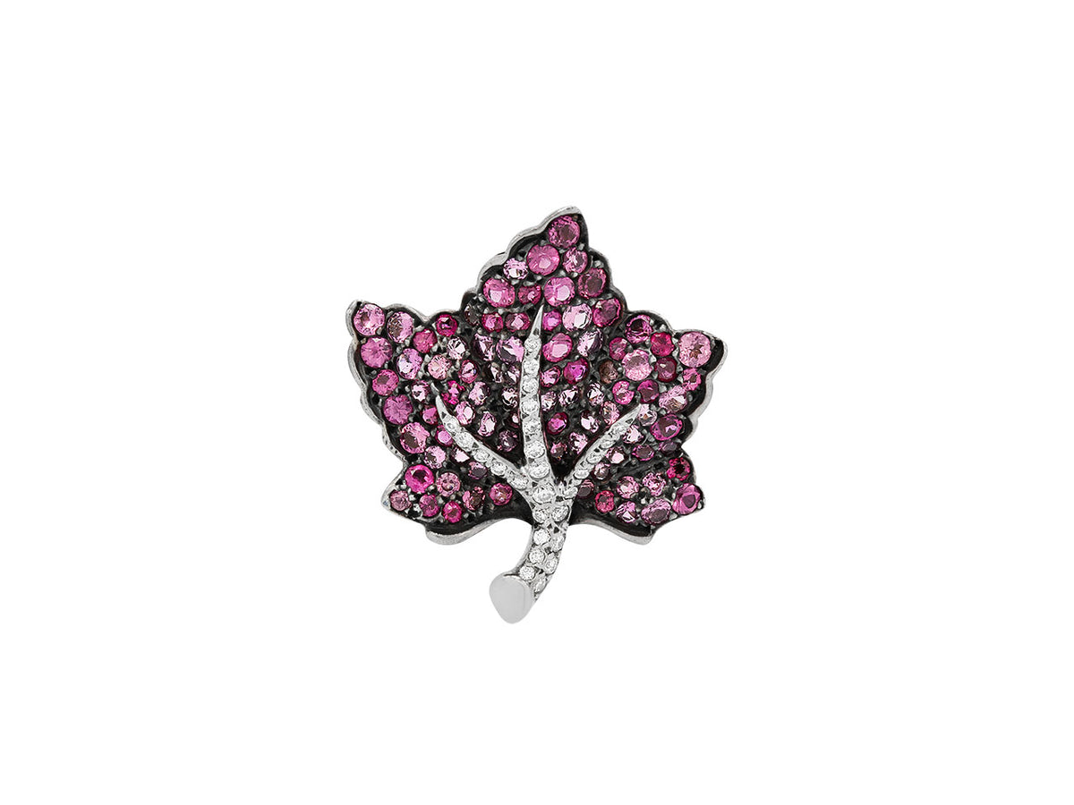 Pink sapphire and diamond leaf brooch in blackened gold
