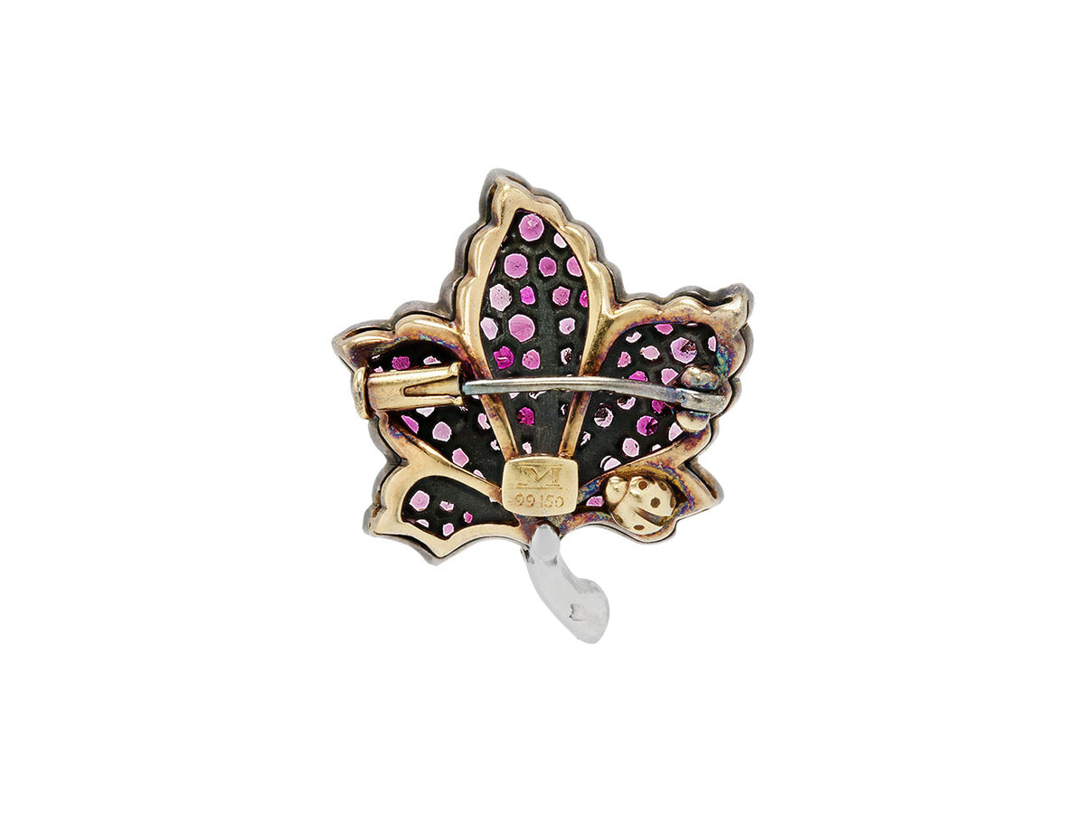 Reverse view of pink sapphire and diamond leaf brooch