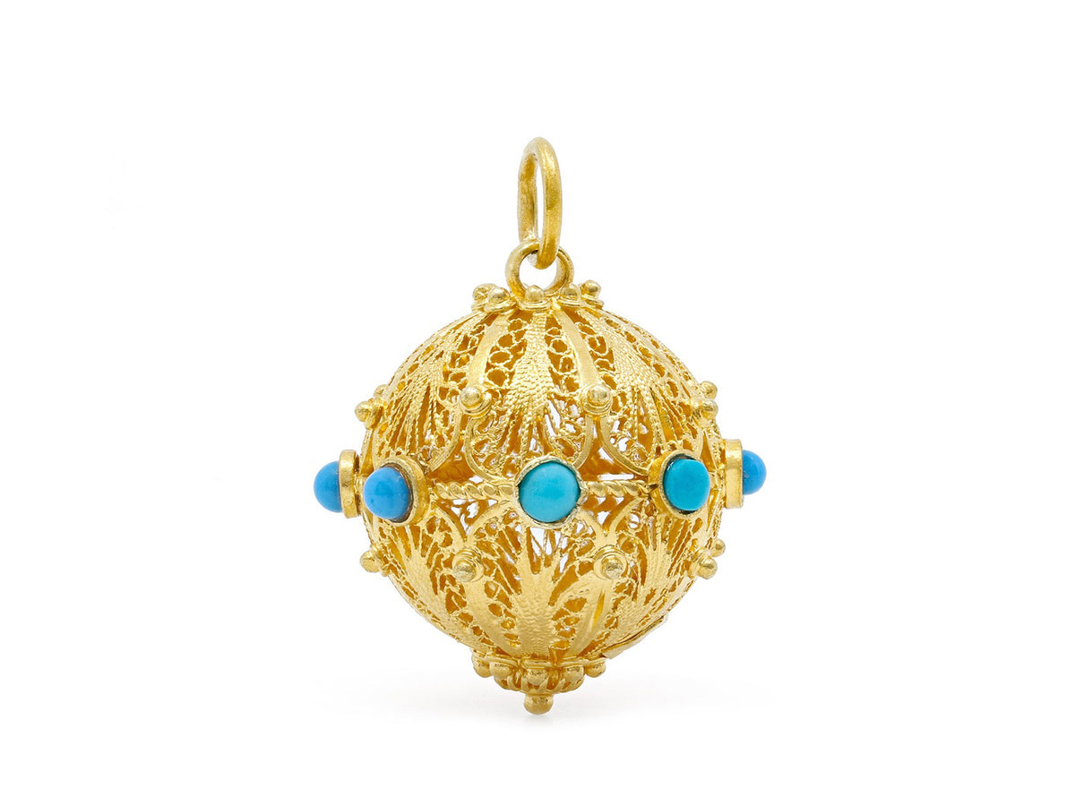 Openwork gold spherical pendant with turquoise beads