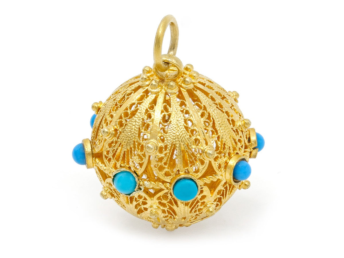 Openwork 18K gold spherical pendant with turquoise blue beads