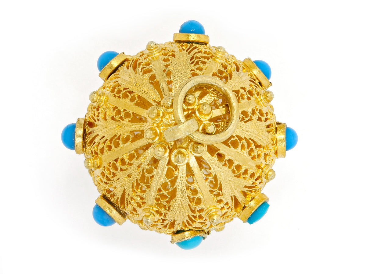 Openwork gold spherical pendant with blue bead accents
