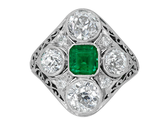 Antique Edwardian Emerald and Diamond Ring in Platinum
