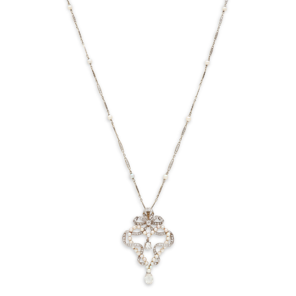 Antique diamond and pearl cross pendant necklace