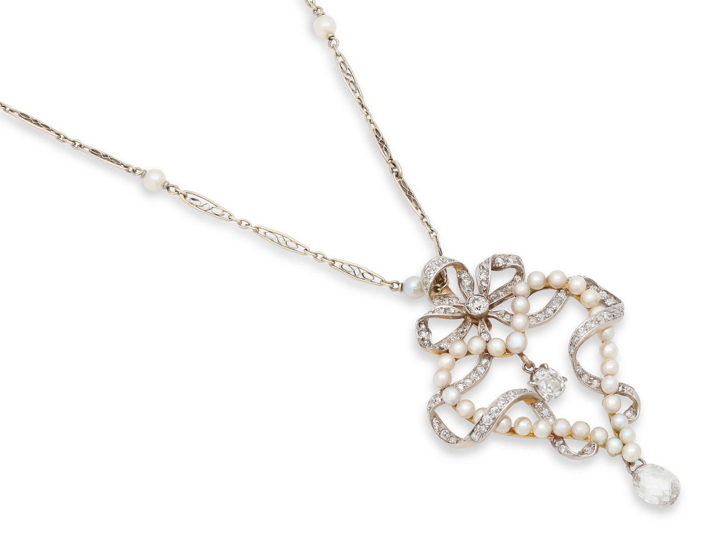 Antique Belle Époque Diamond and Pearl Pendant in Platinum over Gold