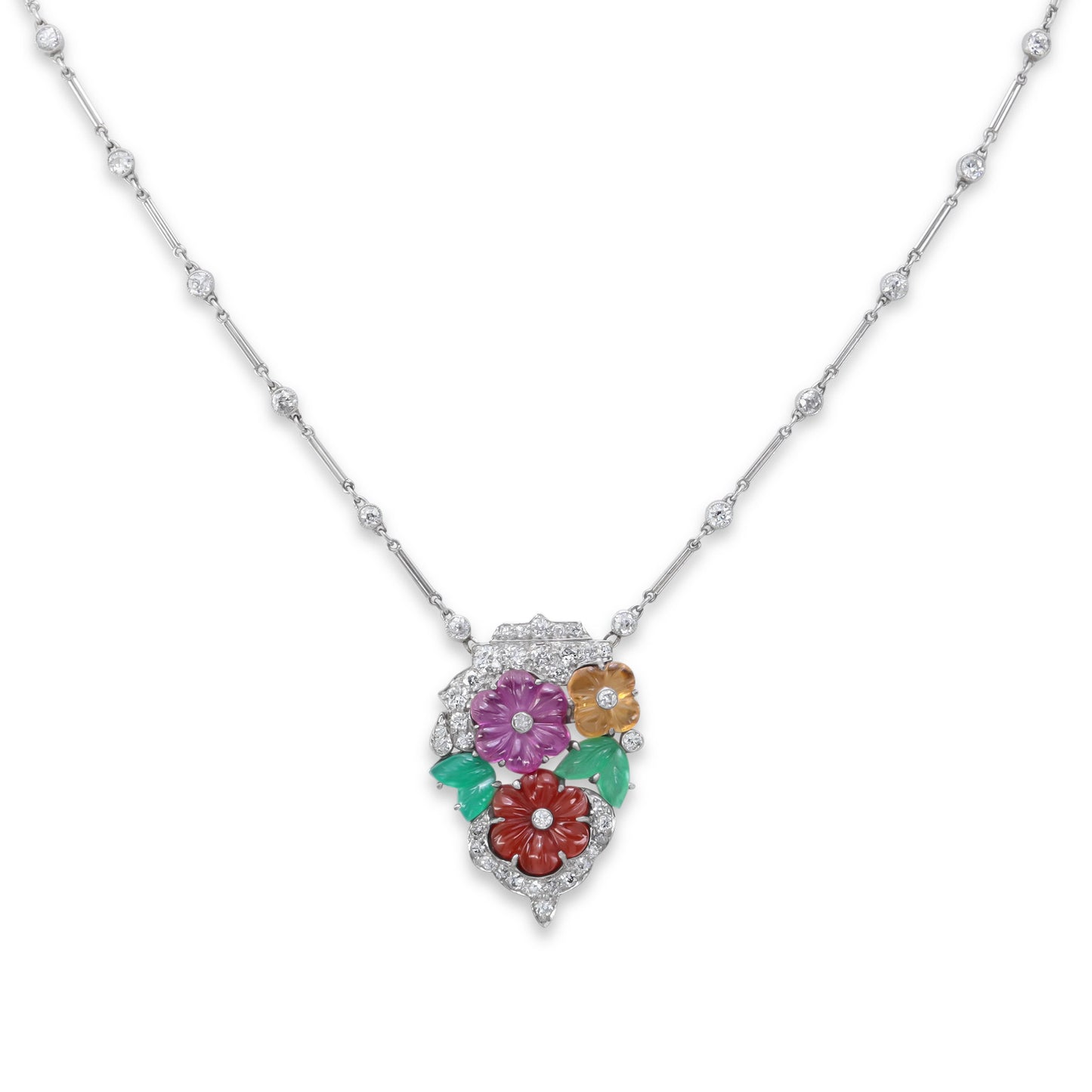 Art Deco Diamond and Multi-Gemstone Floral Pendant Necklace in Platinum