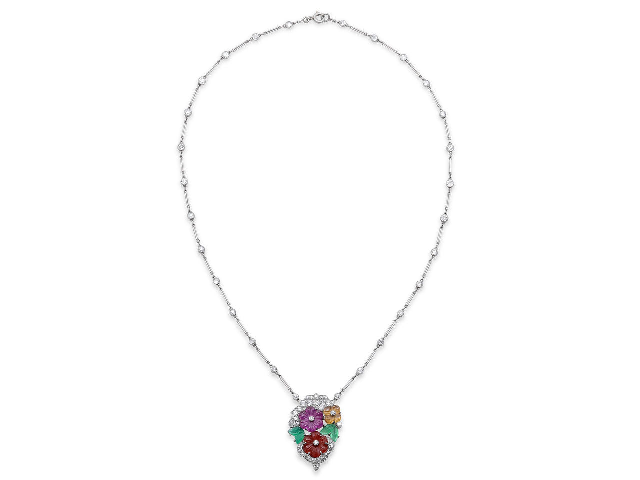 Art Deco Diamond and Multi-Gemstone Floral Pendant Necklace in Platinum
