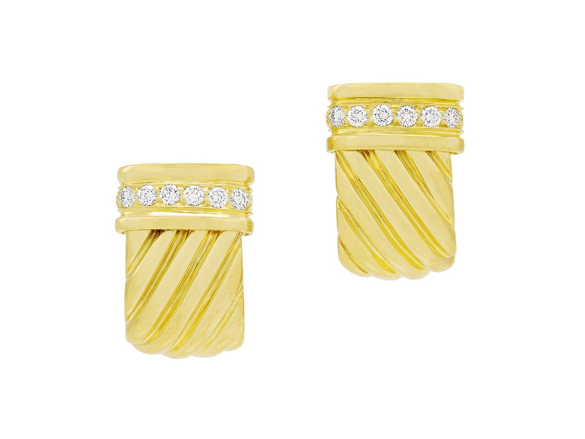 Pair of 18K gold fluted half hoop earrings with diamonds