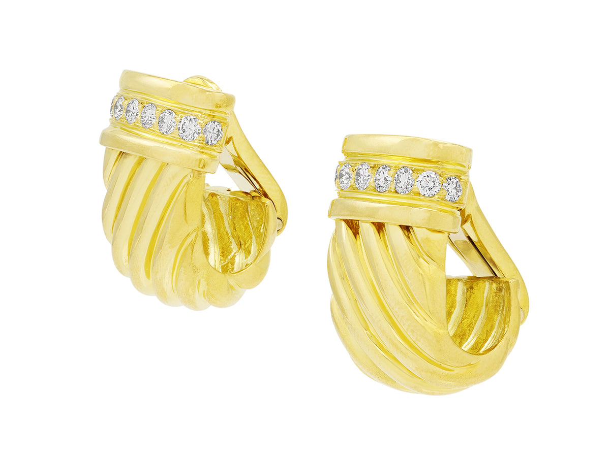 Fluted 18K gold half hoop earrings with diamond rows