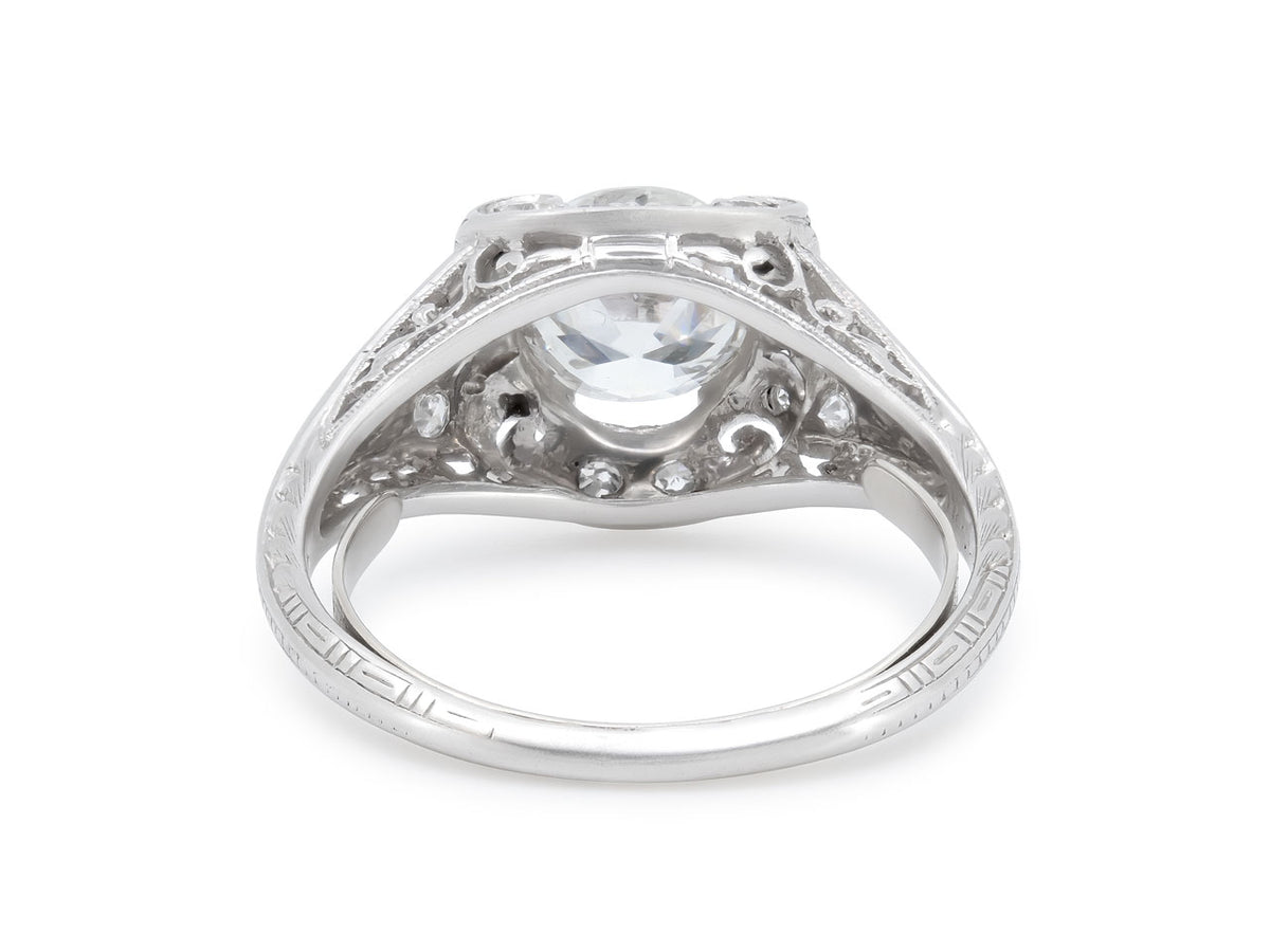 Rear view of platinum diamond ring with ornate detailing