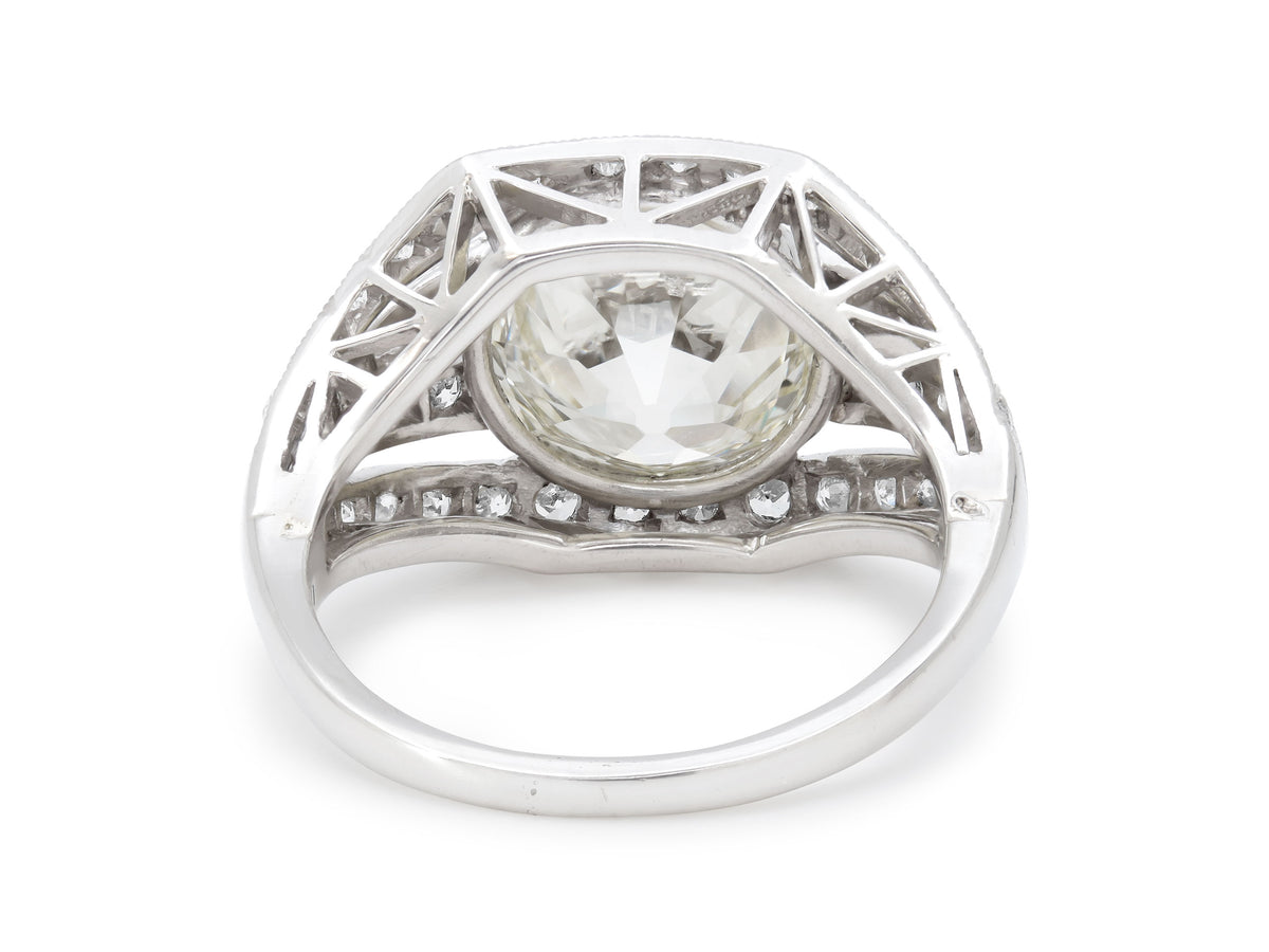 Back view of platinum diamond ring with openwork setting