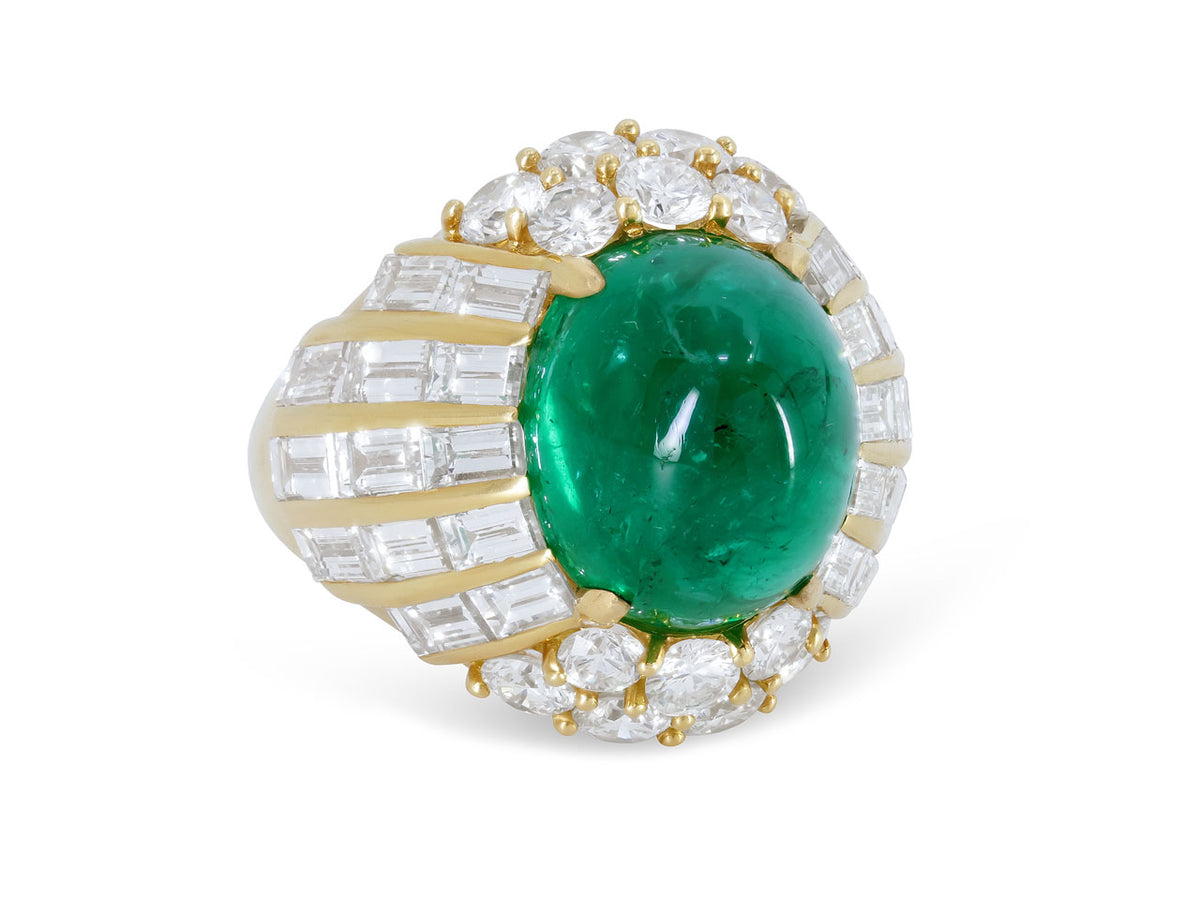 Cabochon Emerald, 10.00 Carat Zambian, and Diamond Ring in 18K Yellow Gold