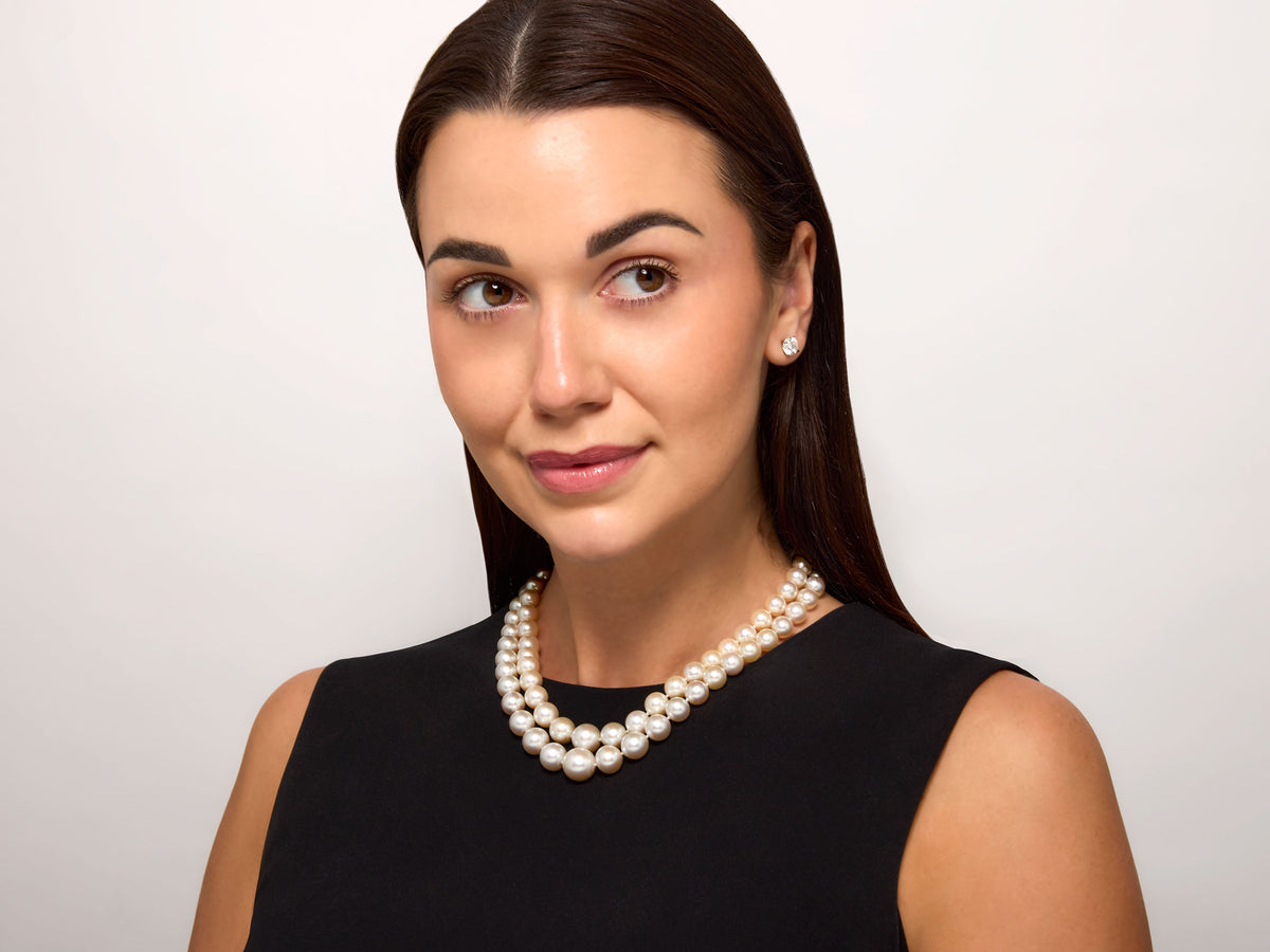 Woman wearing a double strand South Sea pearl necklace