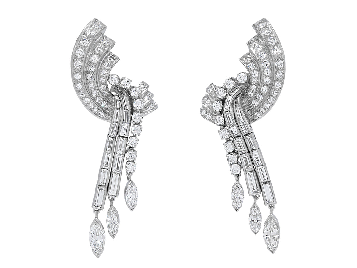 Platinum diamond dangle earrings with marquise drops