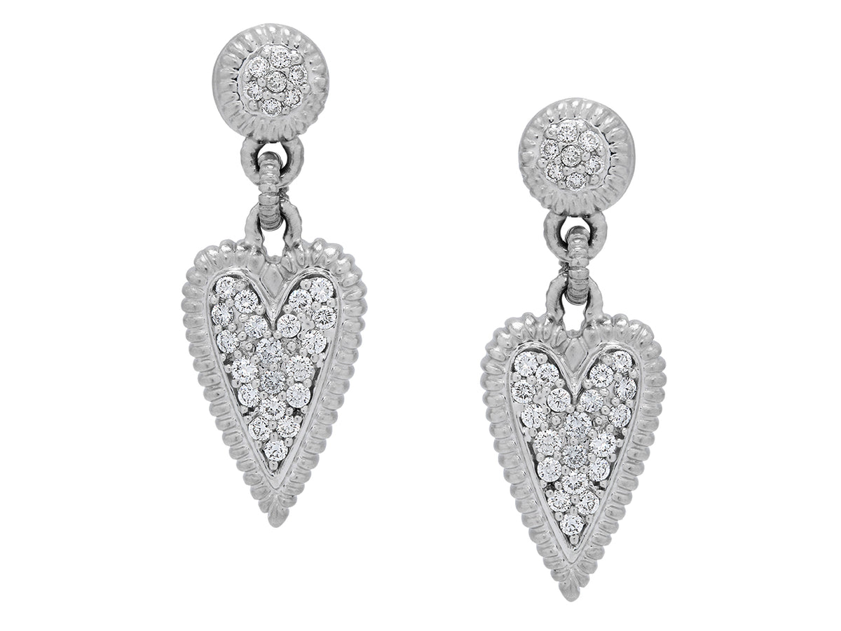 18K white gold diamond heart drop earrings