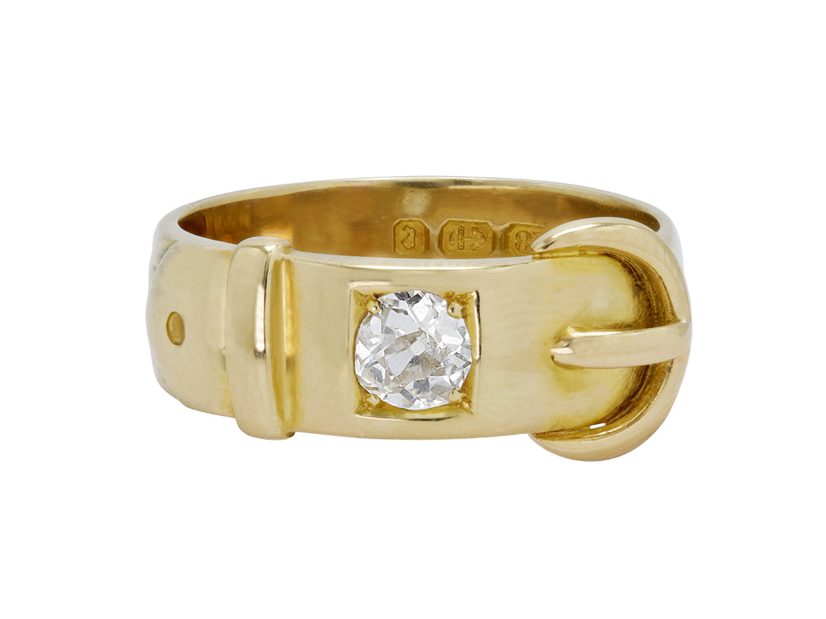Antique 18K gold buckle ring with old mine cut diamond
