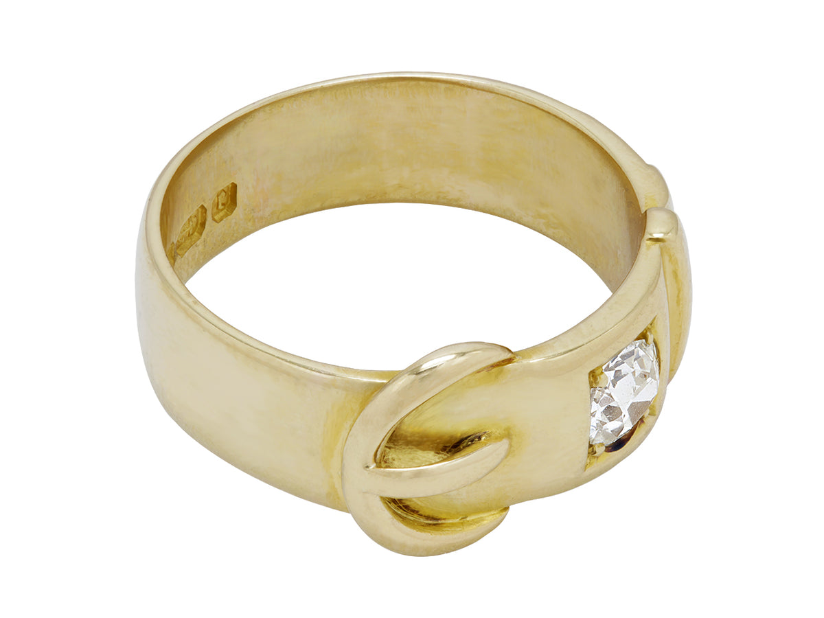 Antique 18K gold buckle ring with old mine cut diamond