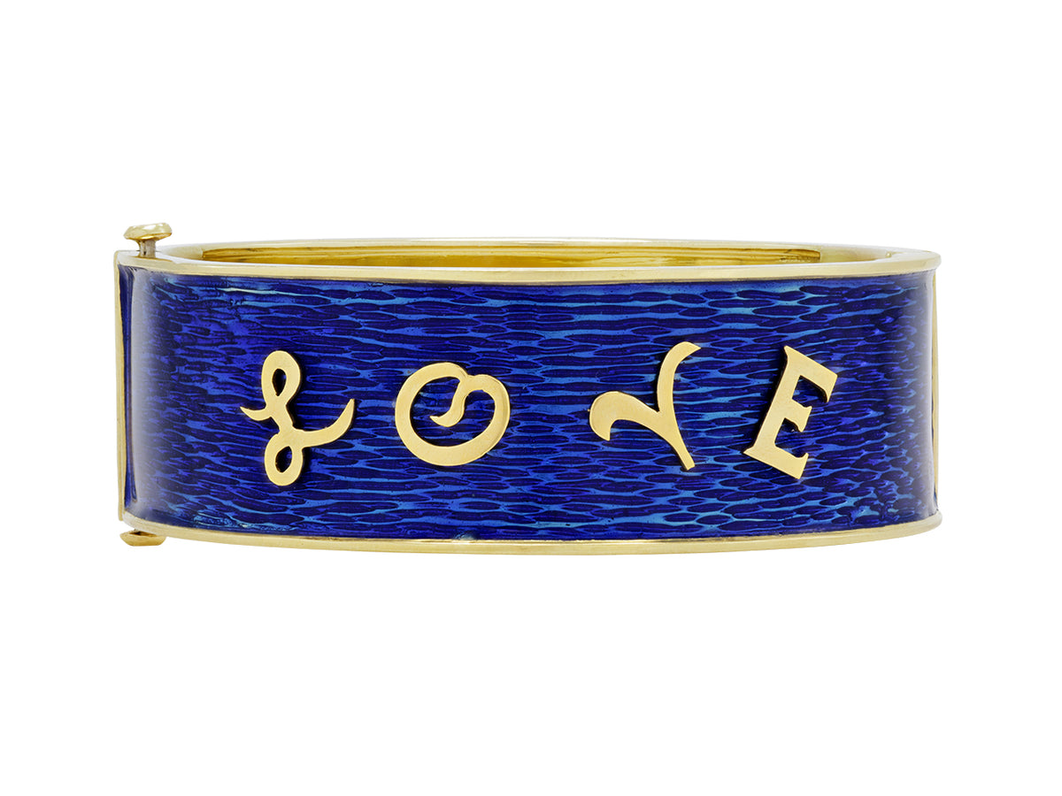 Blue enamel bangle with raised 18K gold Love lettering
