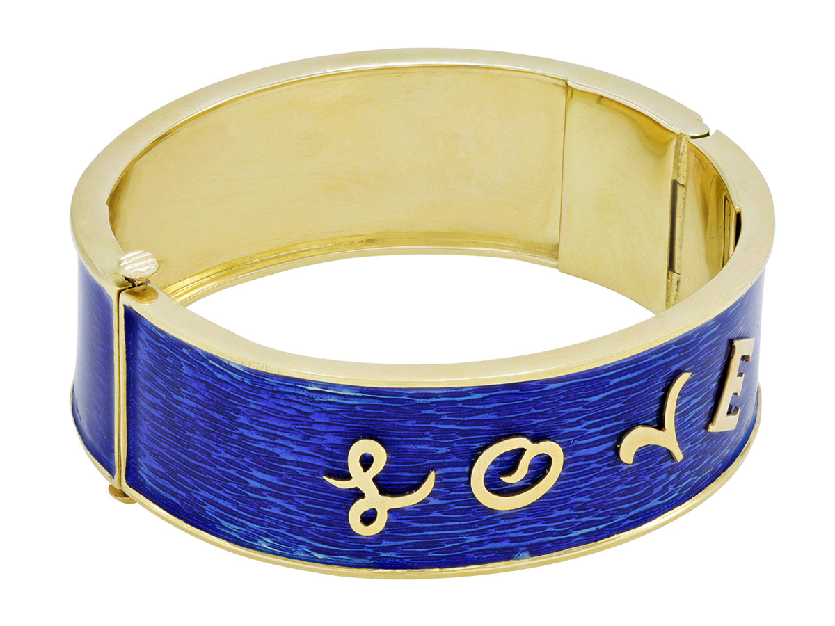 Blue enamel bangle bracelet in 18k yellow gold with raised Love lettering
