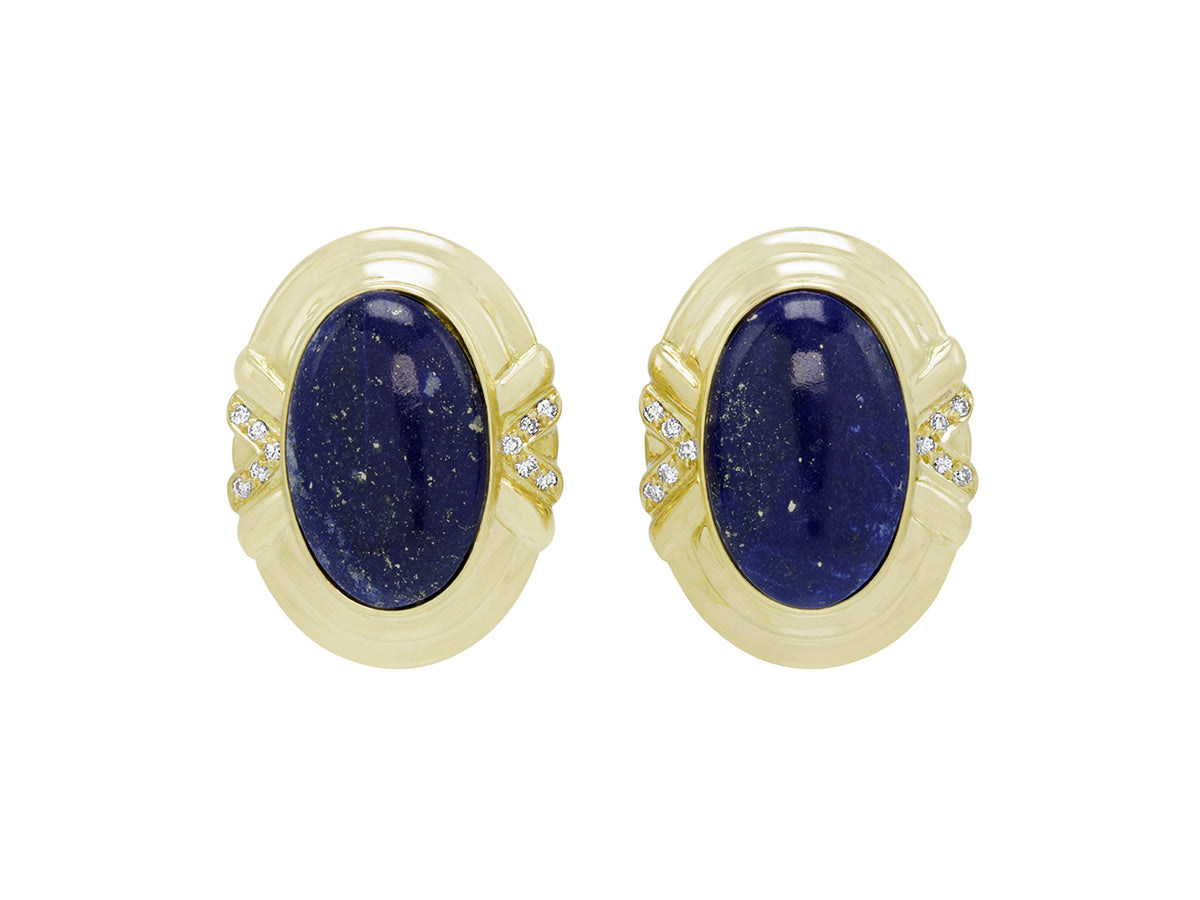 Oval lapis earrings with gold borders and diamond accents