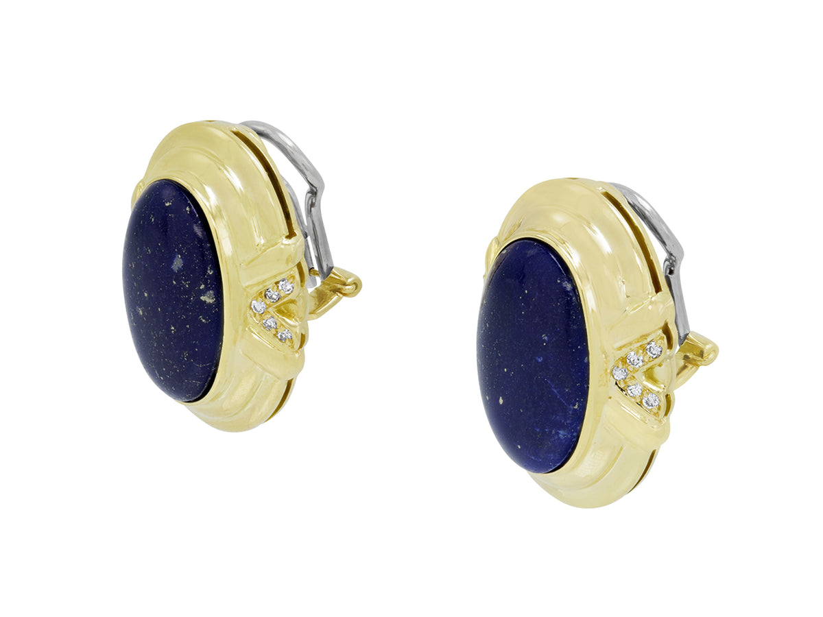 Oval lapis earrings with gold borders and diamond clusters