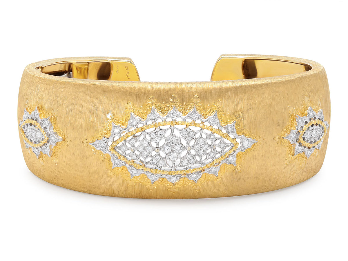 Textured 18K gold cuff bracelet with diamond navette motifs