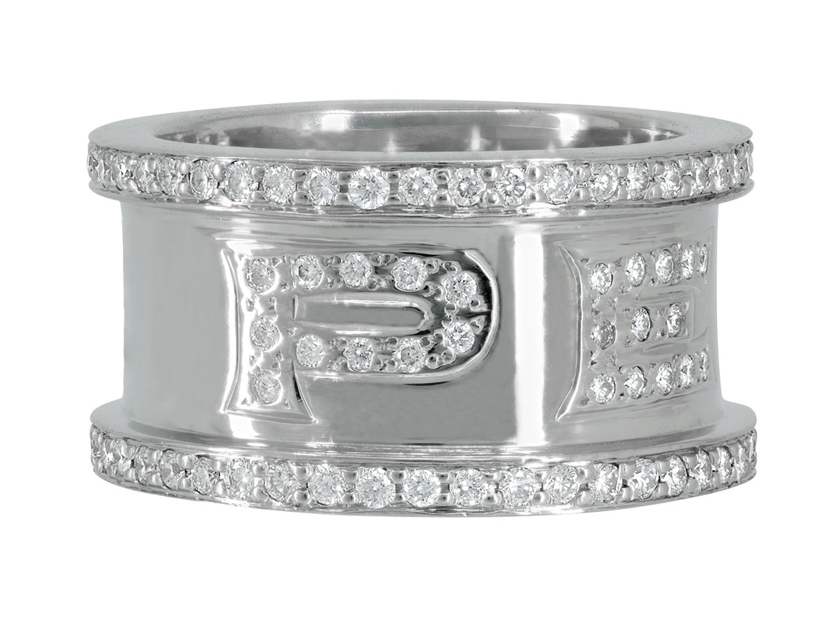 Wide white gold ring with pave diamond peace lettering
