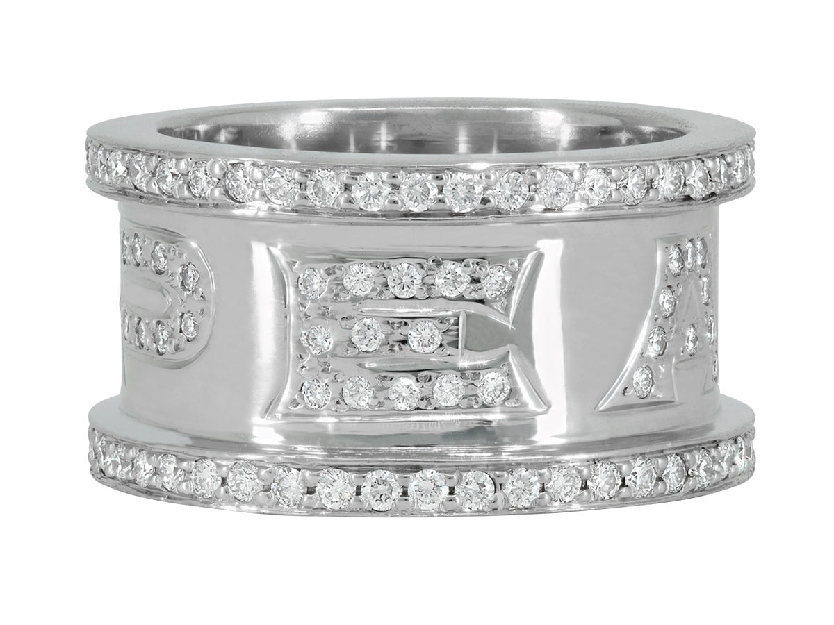 Wide white gold ring with pave diamond peace lettering