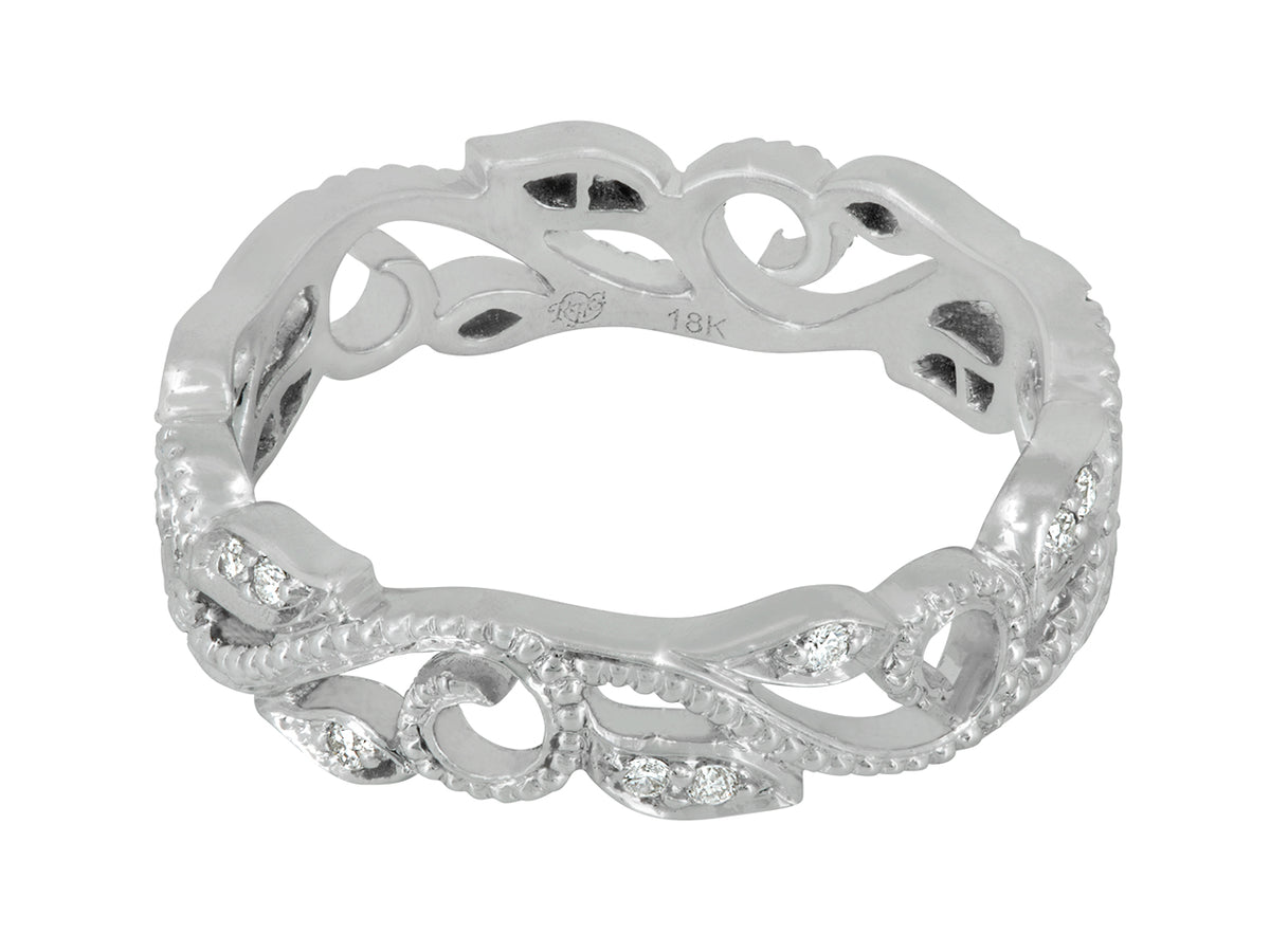 18K white gold ivy ring with diamond set leaves