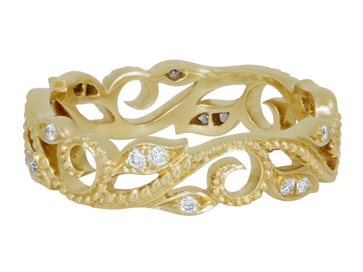 18K gold vine ring with diamond-set leaf motifs