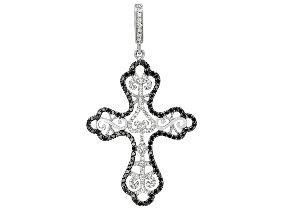 Filigree cross pendant in white gold with black diamond border