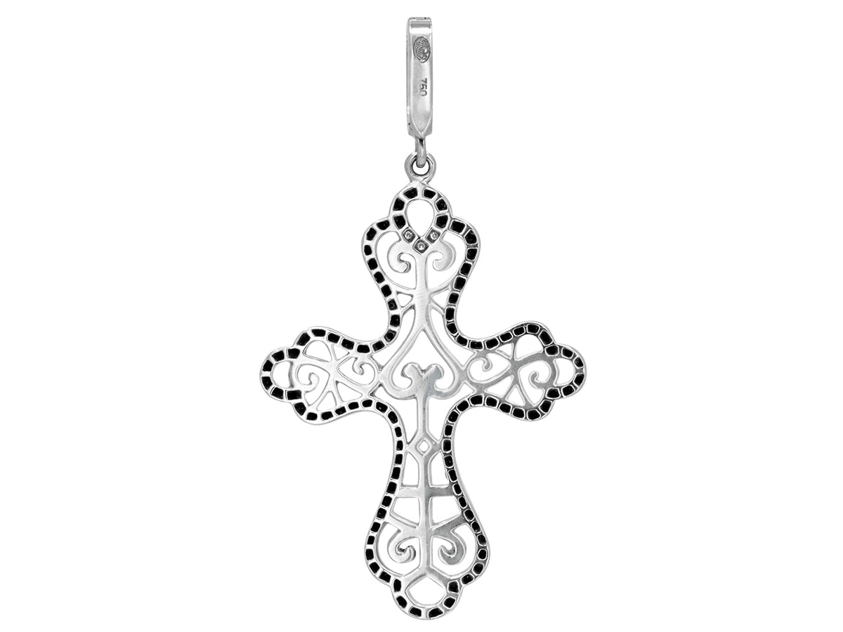 Filigree cross pendant in white gold with black diamond border